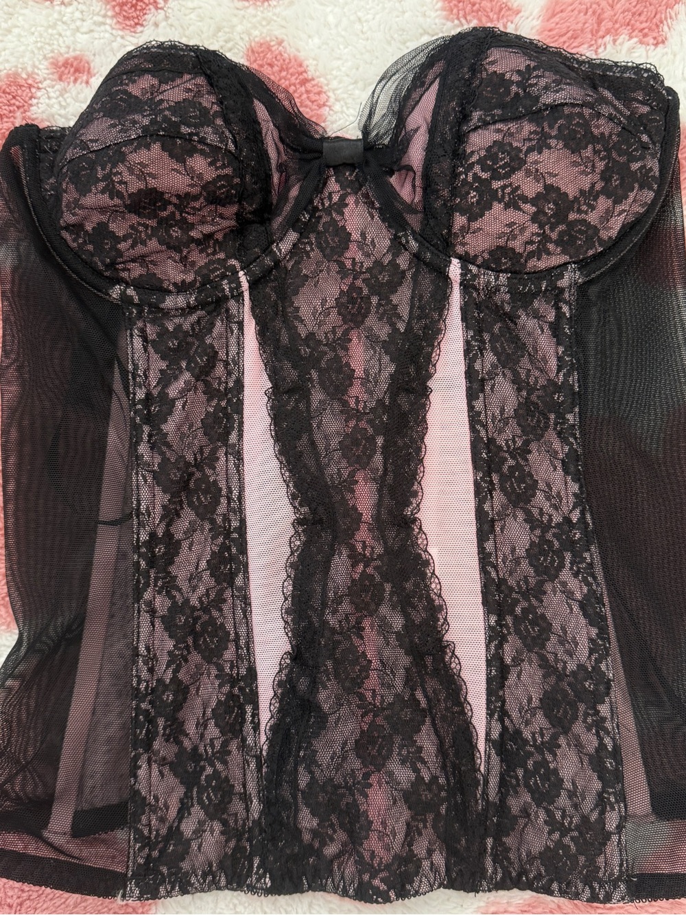 Fredericks of Hollywood Black Lace Corset Bustier Top Y2K Coquette Sheer Mesh